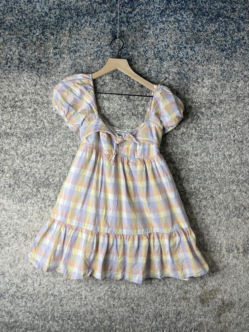 Amanda Uprichard Dress Womens Small Pastel Plaid Puff Sleeve Babydoll Ruffle